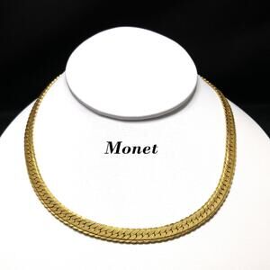 Vintage Monet Gold Herringbone Necklace 16" Flat Chain 1980s